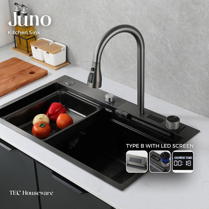 【TEC】JUNO Kitchen Sink Stainless Steel 304 Matte Grey Rainfall Set Wastafel dapur Lengkap Tarik Adju