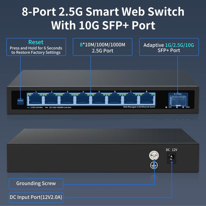 8 Port 2.5G Managed Ethernet Switch with 10G SFP, 8 x 2.5G Base-T