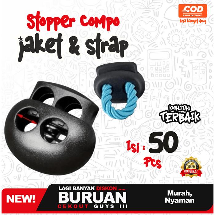 (50pcs) Stopper compo / stopper jaket / stopper strap - Stopper Compo Lubang 2 Hitam 2cm - Stopper J