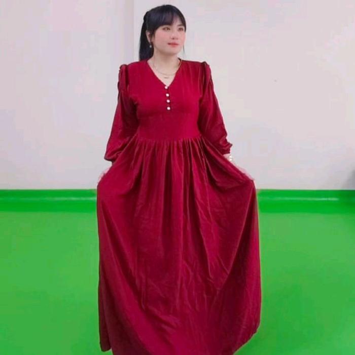 (158) Daster si manis karet warna merah maron polos kain rayon tuil halus tebal..