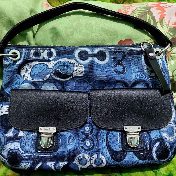 COACH Tas Preloved Poppy Denim Biru Kombi Hotam Bahan Kanvas & Leather Original