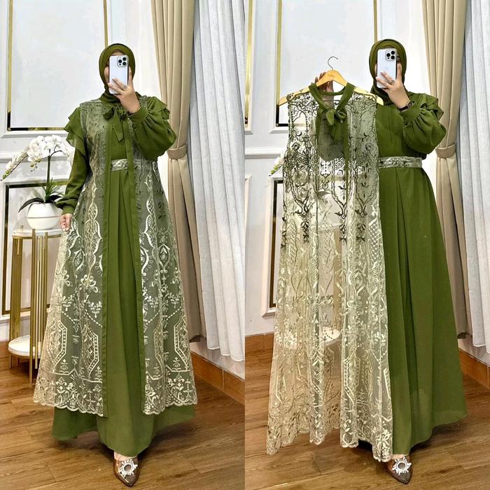 Gamis Brukat Wanita Lebaran Nasyita Dress Bahan Ceruty Babydoll Mix Brukat Mutiara Payet Mewah Elega