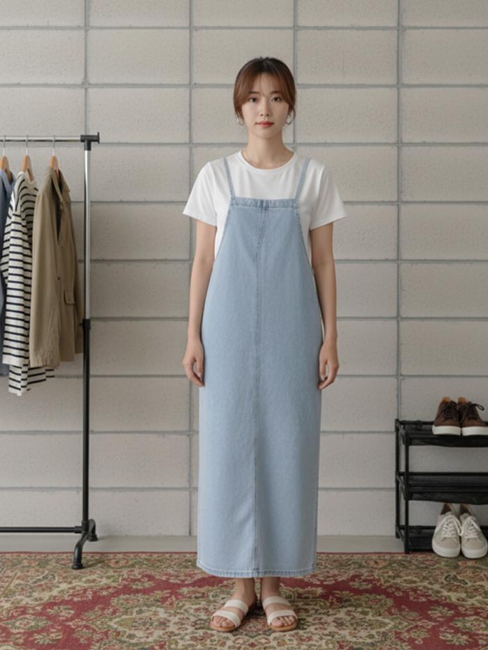 Gaun Denim Suspender Musim Panas 2025 Wanita Gaya Korea Longgar Panjang Sedang Mengurangi Usia Tempe
