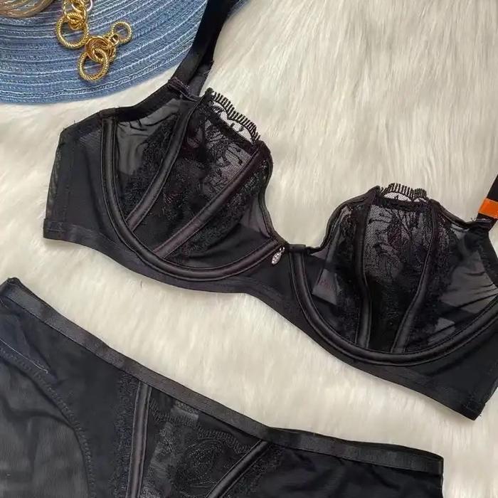 Bra Set Lingerie Elegan Model 5313 Warna Hitam Bahan Satin Ukuran 32B 70B