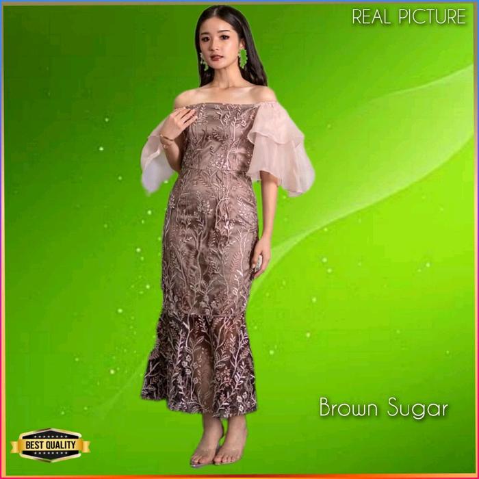 Baju Gaun Pesta Wanita TM067 Blouse Natal Tile Bordir Midi Dress Brown Sugar