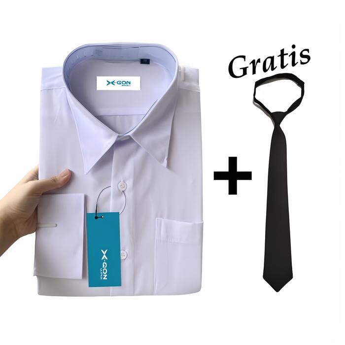X-QON Kemeja Formal Pria Slim Fit Original Putih Polos Baju Lengan Panjang Katun Hitam Casual Hem Ke