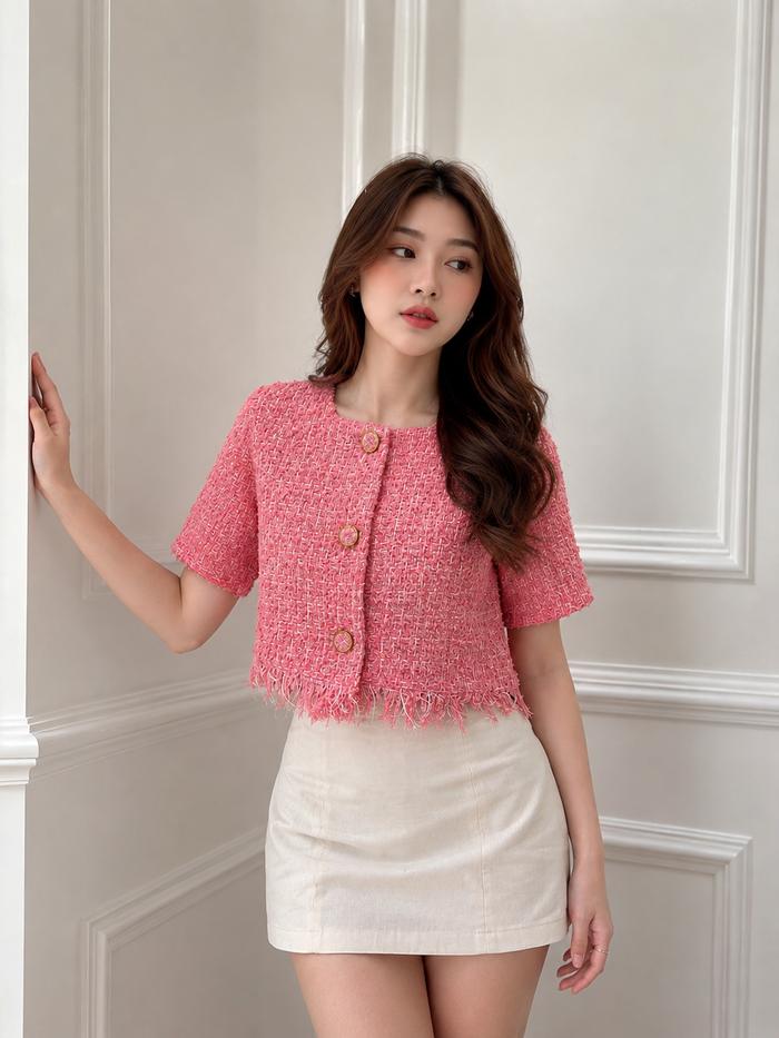 Carmine | Tweed Fringe Top | Premium Bangkok Tweed Cardigan | Import Bangkok