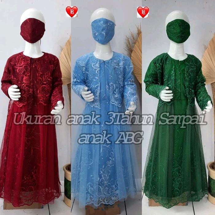 AULYA KIDS - GAMIS BRUKAT TILE MUTIARA DEPAN BELAKANG KOMBINASI FURING WARNA HIJAU BOTOL WARDAH BIRU