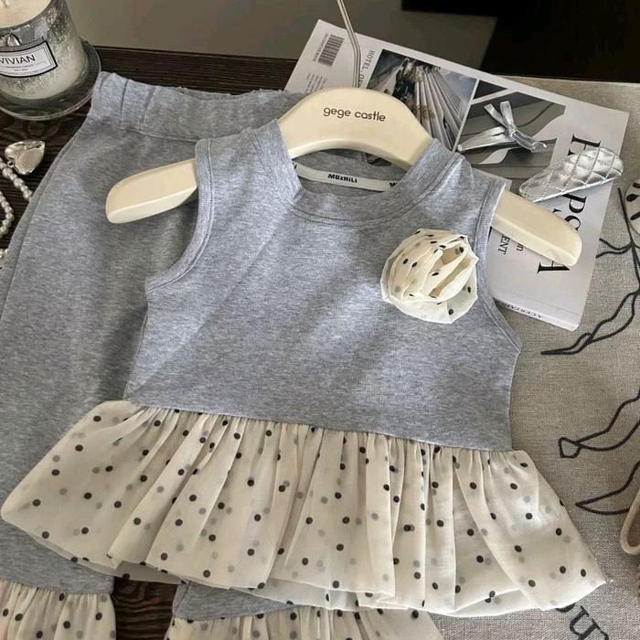 Setcel Cutbray Fashion Anak Perempuan dengan Ruffle Polkadot dan Detail Kancing Cantik
