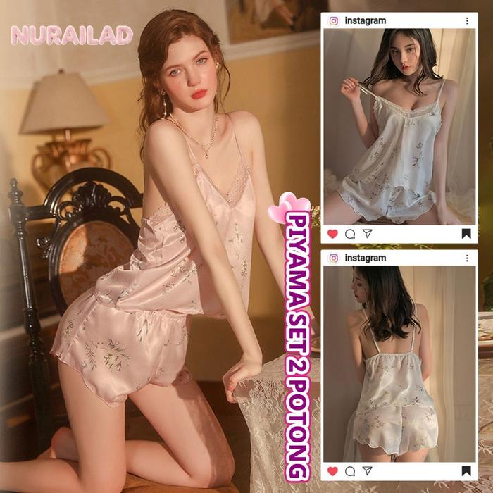 Merah Muda/Putih Bunga piyama set 2 potong tank top + celana pendek daster Seksi dan menawan Kain ya