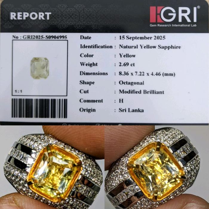 GRI Natural Yellow Sapphire 2.69 ct Octagonal Modified Brilliant Cut Sri Lanka Berat 8.36 x 7.22 x 4