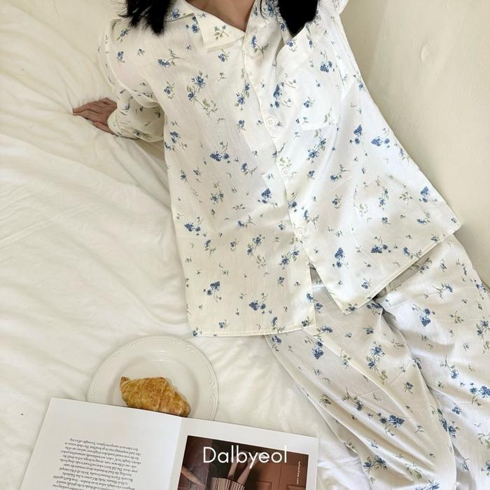Piyama Wanita Mtopia Blue Flower V Dalbyeol Choice | Korean Pajamas Piyama Wanita | One Set Wanita K