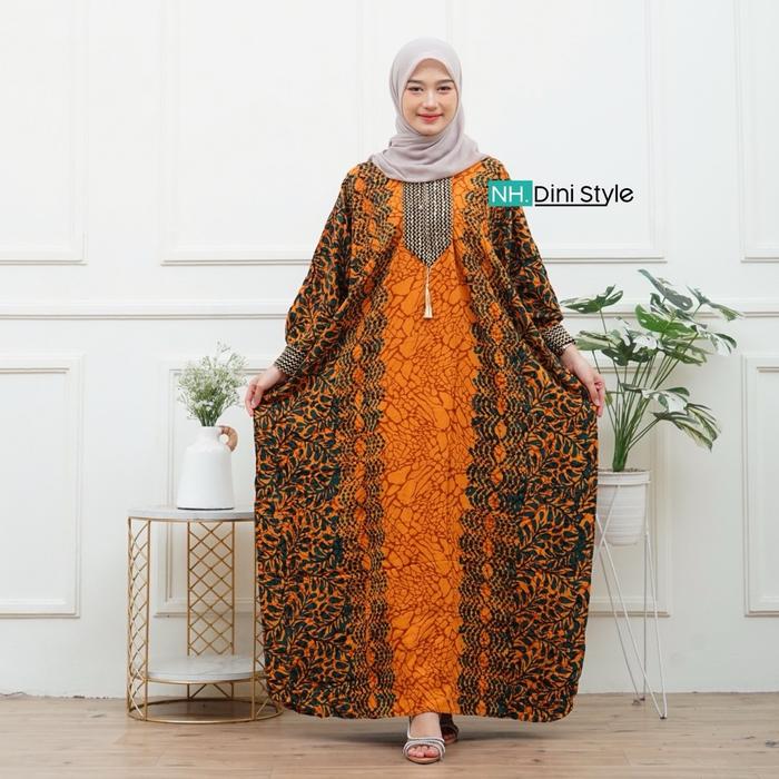 Kaftan Kuning Motif Batik Cap Jumbo LD 170 Rayon Tebal Lengan Panjang Renda Sultan Mewah Wanita Musl