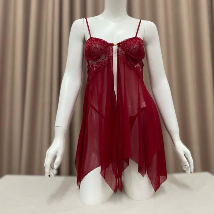 (LACELY) Lingerie set +CD wanita transparan lace dress tidur baju tidur wanita pengait depan