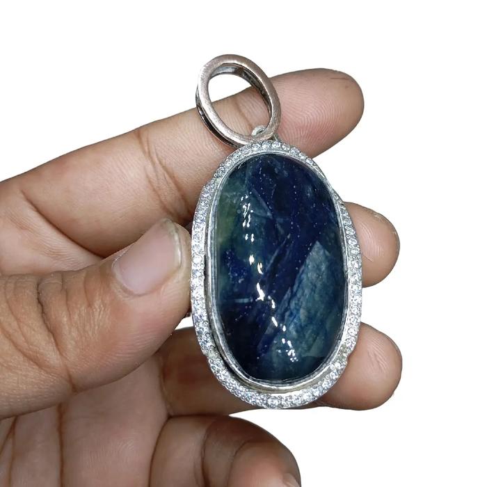 Liontin Blue Sapphire Safir Jumbo Perak Silver 925 Handmade