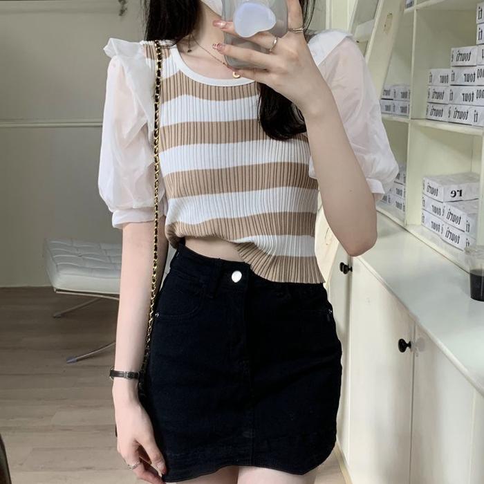 [CLAIRE] Kaos Atasan Rajut Wanita Knitwear Kasual U-Neck Lengan Pendek Puffy Sleeve Model Stripe Bel
