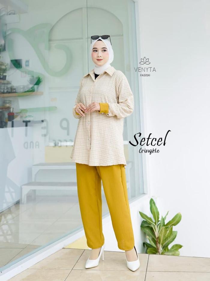 stelan venyta cringkel termurah stelan kekinian stelan remaja motif kotak harga grosir Atasan Celana