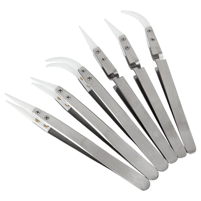 6 Pcs Precision Ceramic Reverse Solder Tweezers, Non-Conductive, Anti-Magnetic Pointed and Curved Ti