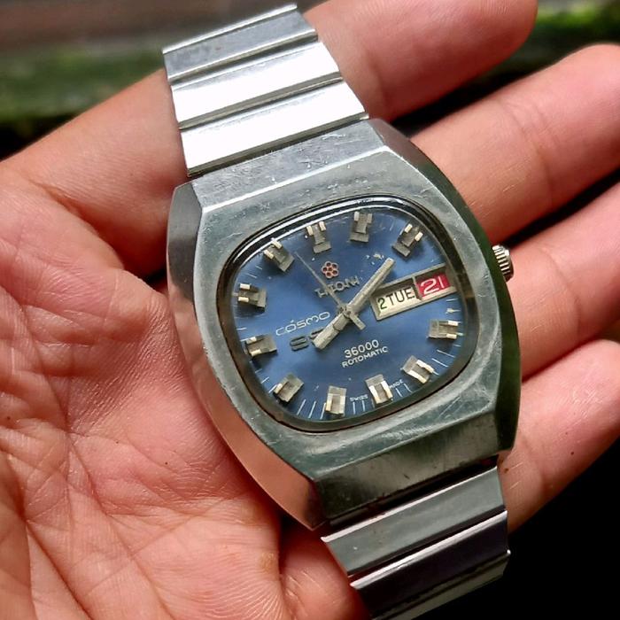 Jam Tangan Titoni Cosmo 99 Automatic Blue Dial Vintage Tank TV Shape Langka