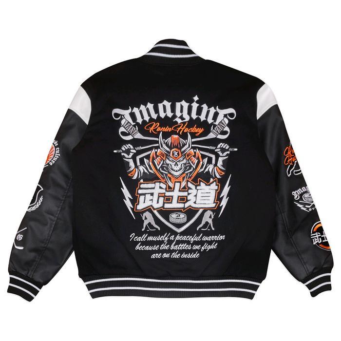 Imagineco Jacket Varsity Embroidery Hitam Unisex Flecee 330 GSM Leather "Ronin Hockey" terlaris