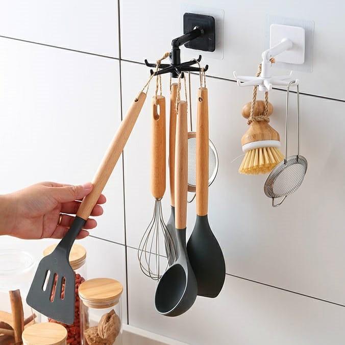 Hook Rak Lem Tempel Dinding Serbaguna Spatula Kunci dapur Putar 6 Kait