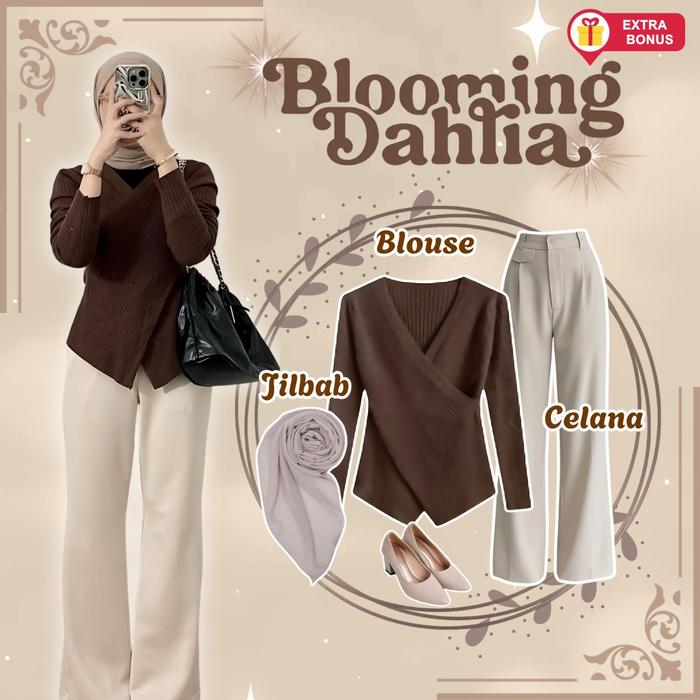 One Set 3in1 Blouse Knit V neck Celana Knit Hijab Segi Empat Bella | OOTD outfit wanita cewek anak r