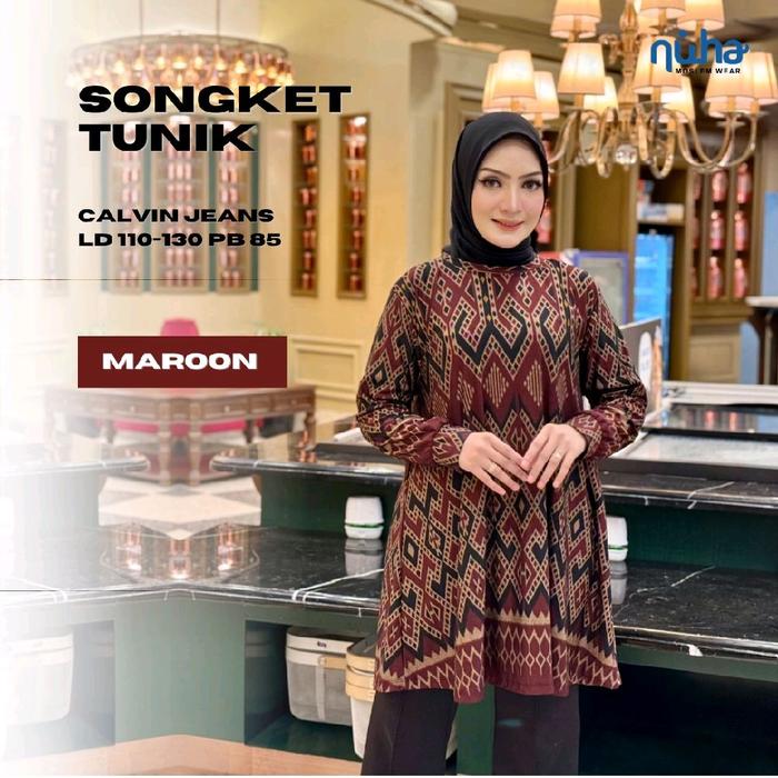 Calvin Jeans SONGKET TUNIK Maroon LD 110-130 PB 85 Baju Muslim Wanita Elegan