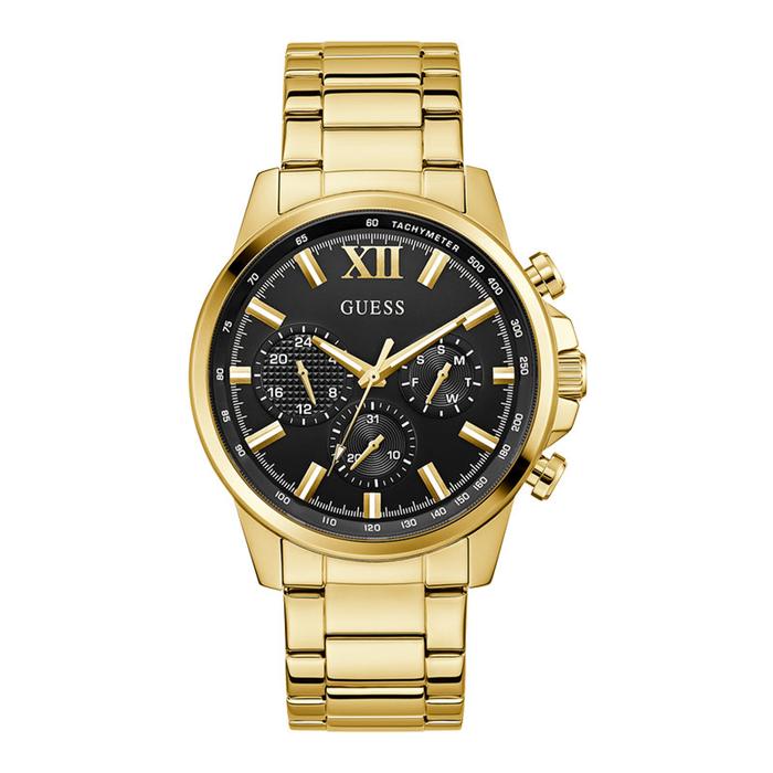 Jam Tangan Pria Guess GW0900G3 Men Multifunction Black Dial Gold Stainless Steel Strap