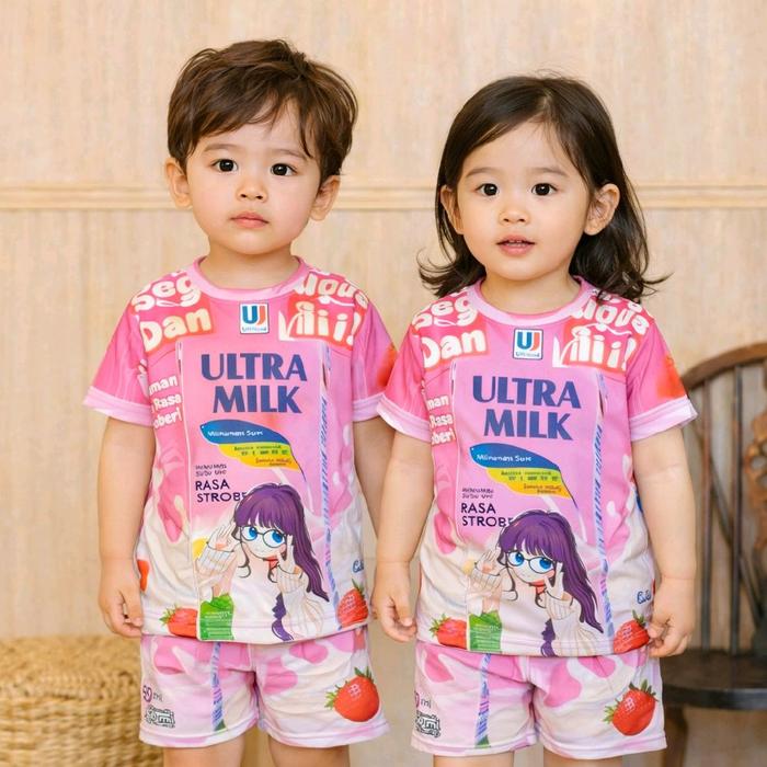 READY SETELAN ANAK JERSEY MOTIF UNIK SUSU ULTRAMILK STRAWBERRY TERBARU