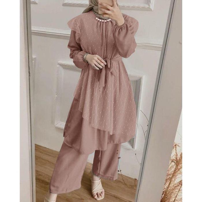 READY STOCK DIJAMIN REAL PIC SET PEARLY DOT L-XXL SET TUNIK JUMBO TILEDOT COMBI MUTIARA SETELAN HIJA
