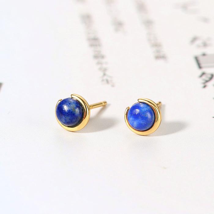LAMOON Natural Stone Moonstone Earring For Women Bean Stud Earring 925 Sterling Silver 14K Gold Plat