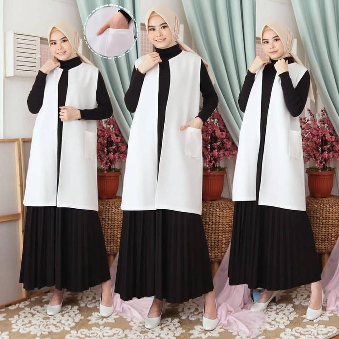 NEW Long cardigan tanpa lengan premium/ outer wanita kekinian warna hitam putih polos/