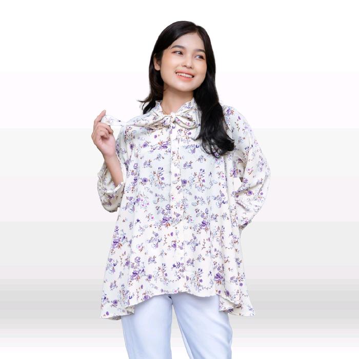 Luna Top Blouse Pita Crinkle Airflow Motif Bunga Kain Kancing Baju Atasan Wanita Butik