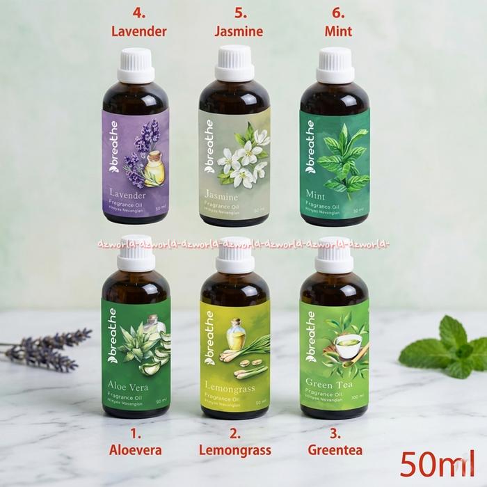 Breathe 50ml Aloe Vera Lemongrass Green Tea Lavender Jasmine Mint Minyak Aromaterapi Tungku Diffuser