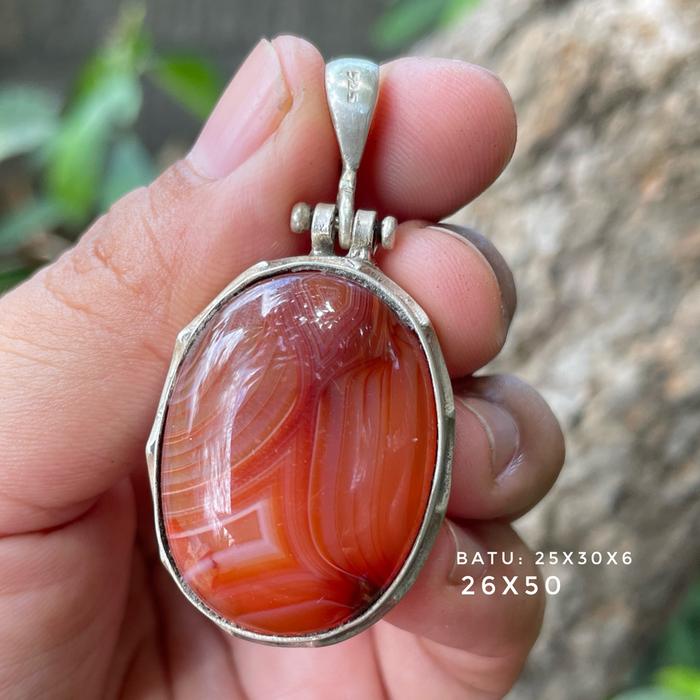Liontin Kalung Pendant Perak Silver Bali Asli 925 Batu Permata Carnelian Sulaiman Jumbo Pria Wanita 