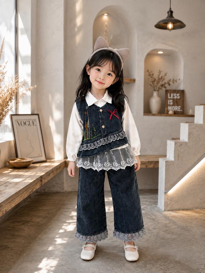 Setelan Baju Jeans Anak Perempuan Trendy Model Layer Aksesori Renda Kombinasi Celana Kulot Levis Imp
