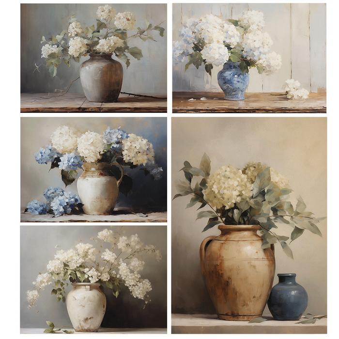 Retro Blue and White Hydrangeas in Vase Still Life Flower Aged Pottery Poster Canvas Painting Wall A