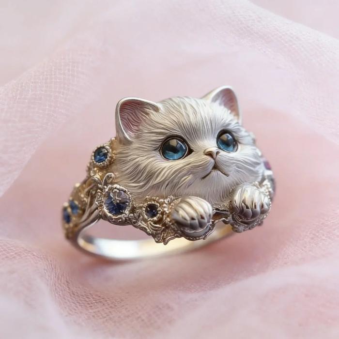 Cincin Kucing Putih Mata Biru - White Silver Cute Cat With Blue Eyes Adjustable Ring Resizable Rings