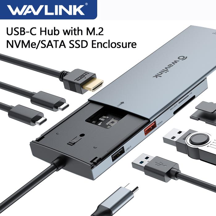 Wavlink USB-C Hub with M.2 NVMe/SATA SSD Enclosure 100W Power