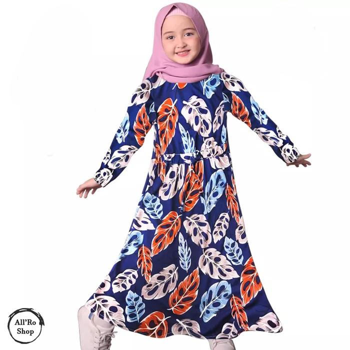 Baju Gamis Panjang Anak Perempuan Usia 2 hingga 10 tahun Lembut Motif Daun Janda Bolong Cantik Ukura