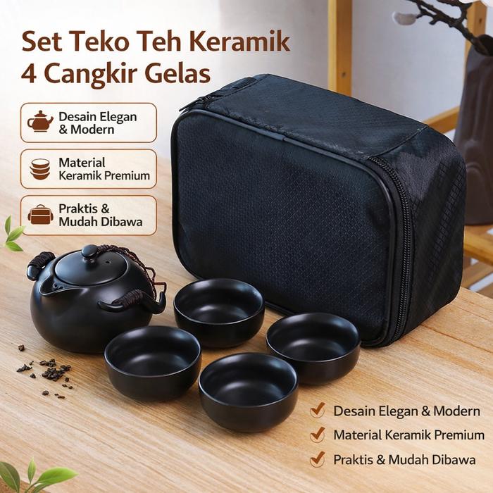 MalakuMall | Set Teko Teh Keramik | Chinese Teapot 4 Glass | Peralatan Minum Kopi Teh