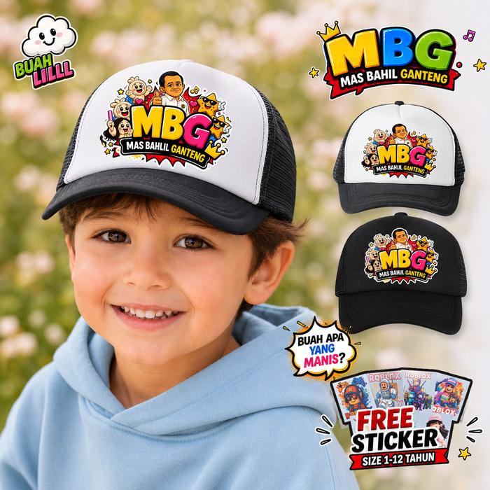 Topi Anak MBG Mas Bahlil Ganteng Bonus Sticker Gratis | Topi Trucker Anak Lucu Usia 3-12 Tahun