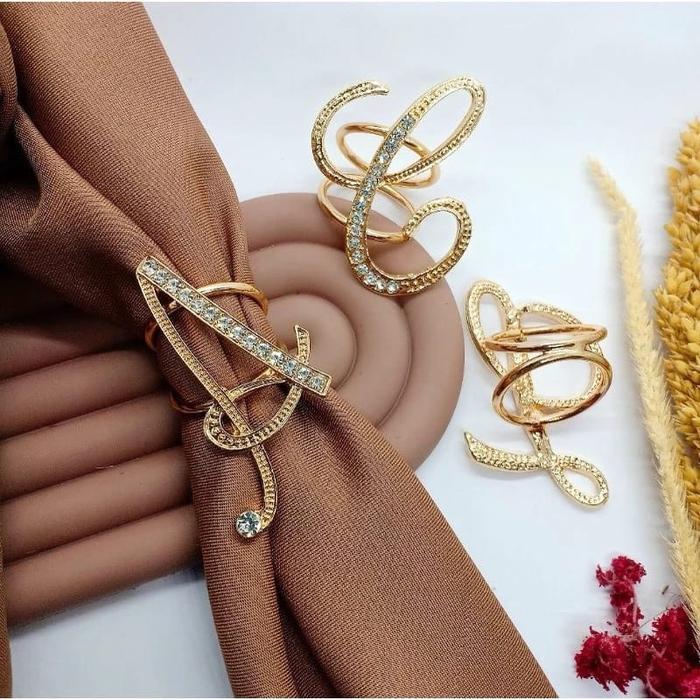 Ring Huruf Abjad Alfabet Inisial Emas Mewah Hijab Ring- Bros Huruf Clips Elegan