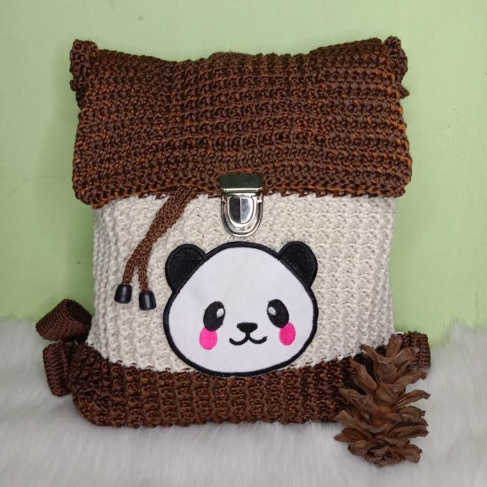 Tas Gaya Gendong Rajut Anak Karakter SD Anak Anak - Tas Rajut Karakter Panda TRK002