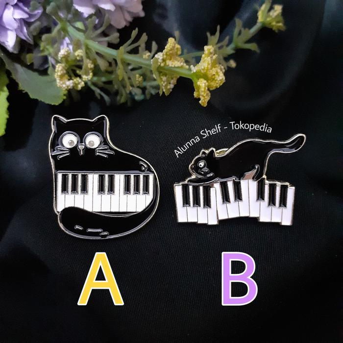 Pin Enamel Kucing Hitam Piano Musik Black Cat Bros Brooch Aksesoris - Tipe B