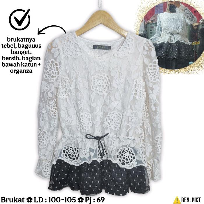 Tunik Brukat Putih Size M Mix Organza + Polkadot Katun Motif Polka Blouse Blus Gemoy Serut Pinggang 