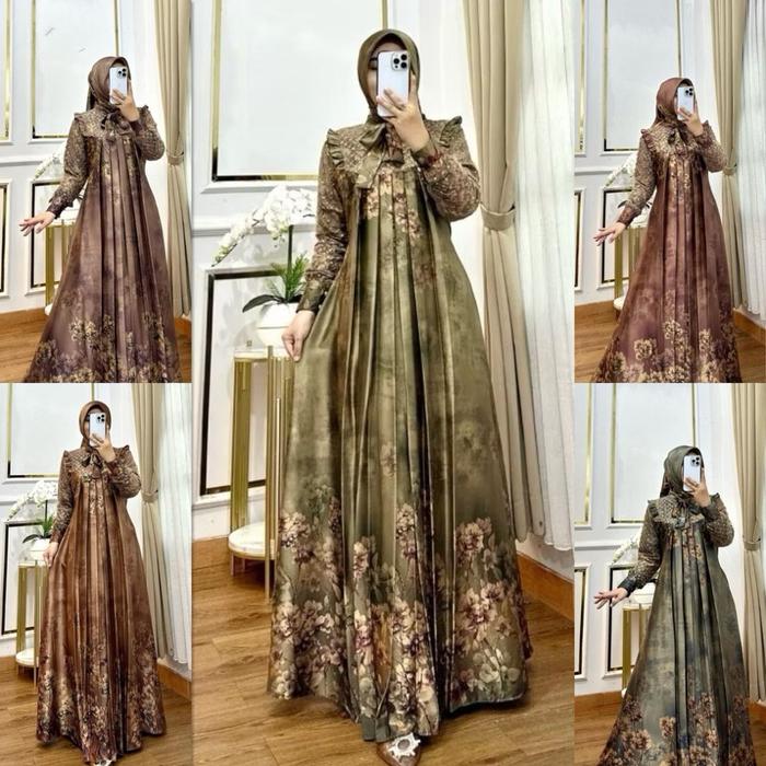 Gamis Armany Silk Tsabina Abaya Babydoll Set Hijab New Model Bahan Silk Saten Super Soft Motif Bunga
