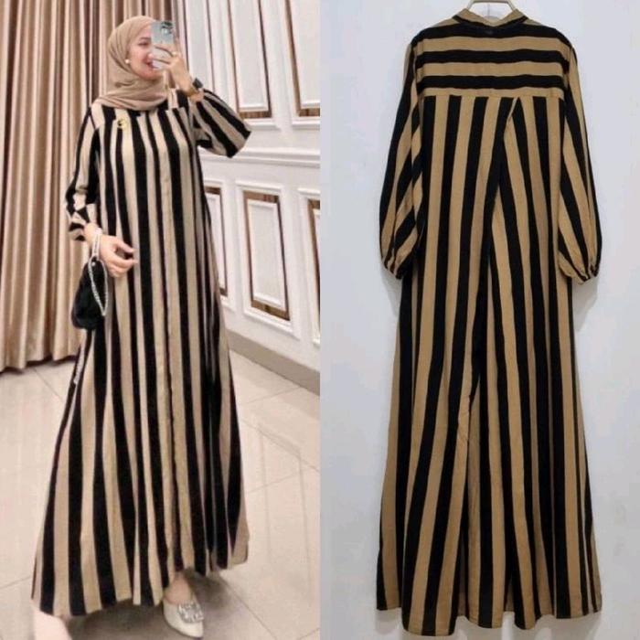 Gamis Silang Salur Coklat Bahan Rayon untuk Remaja Lebaran Pesta Syari Kondangan Hitam Mewah
