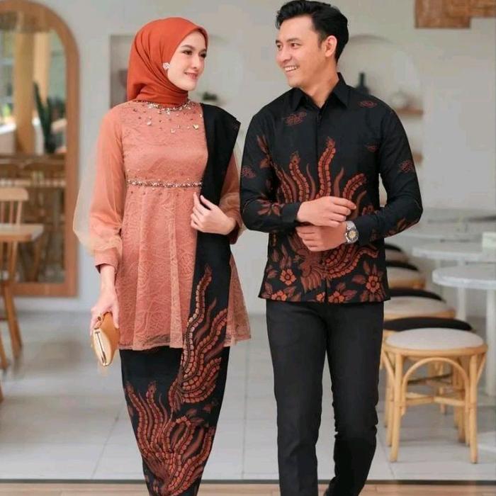 Sett Nadine Terracotte / Kebaya Modern Pasangan bahan brokat tille payet mutiara / Span Katun Motif 