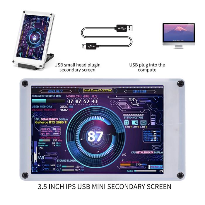 Dual USB Tampilan Suhu Komputer CPU GPU RAM HDD Monitor 3.5 Inci IPS